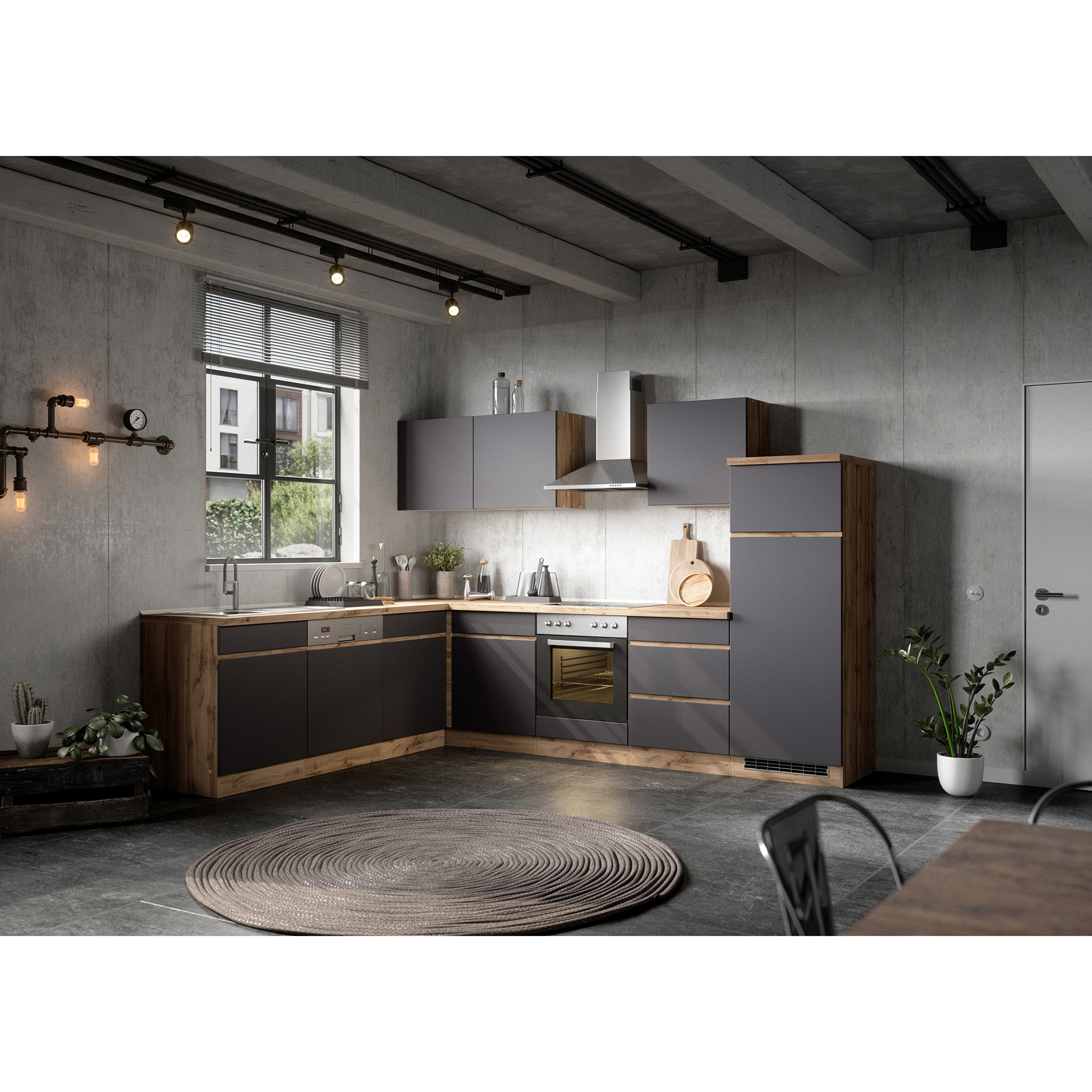 Winkelblock TURIN - grau matt - Wotan Eiche - 240x300 cm