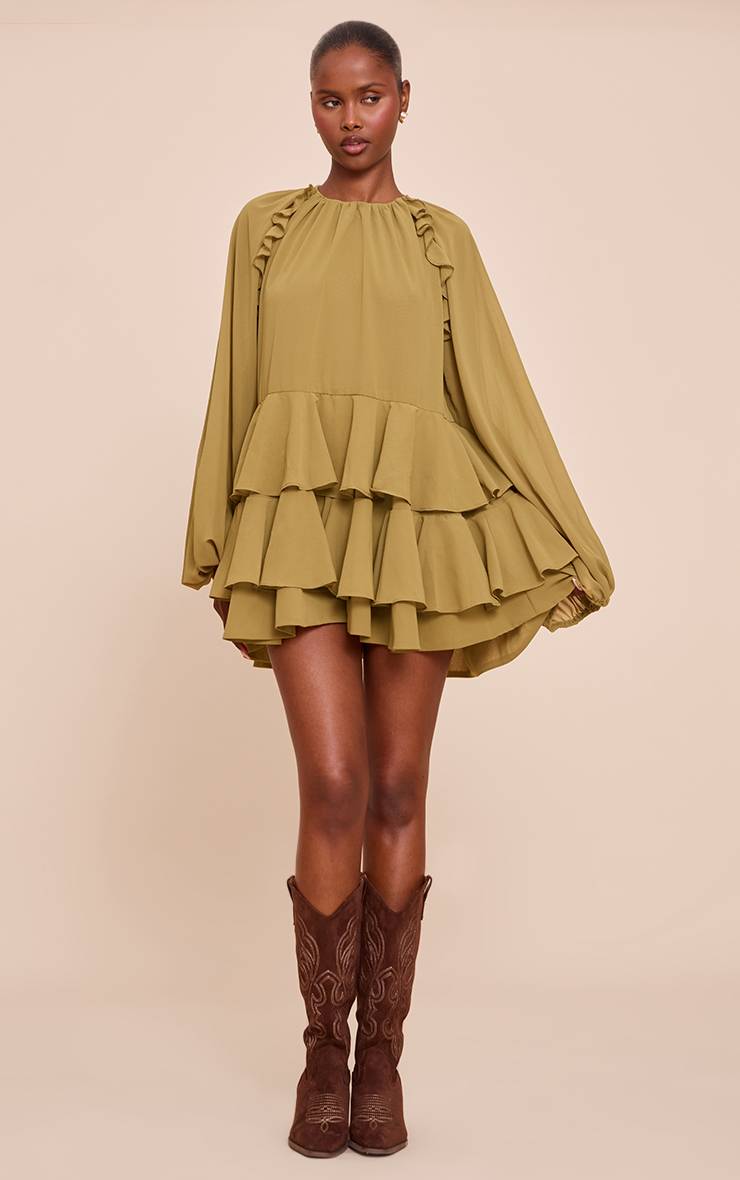 Vert Olive Combinaison-short Fluide À Volants En Mousseline Crème