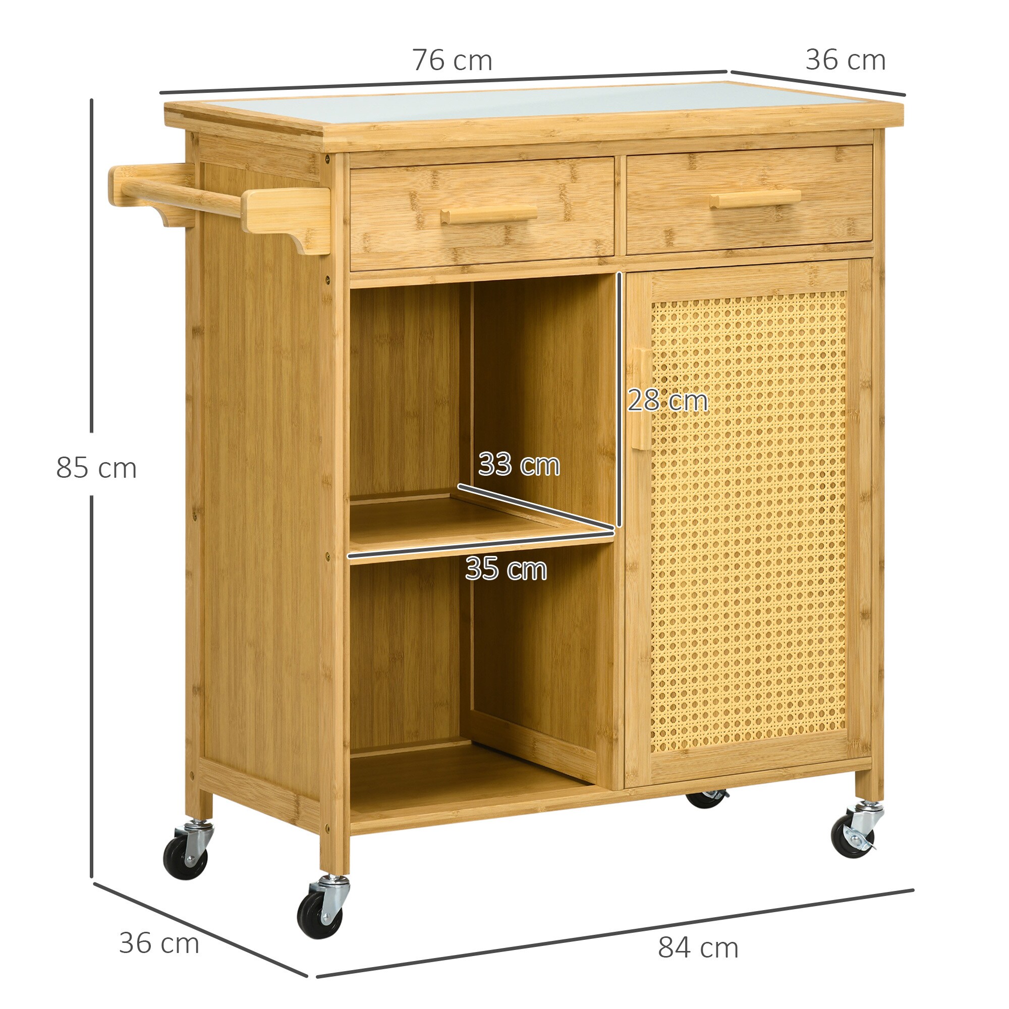 HOMCOM Küchenwagen mit Schubladen, Regal und Handtuchhalter natur 84L x 36B x 85H cm