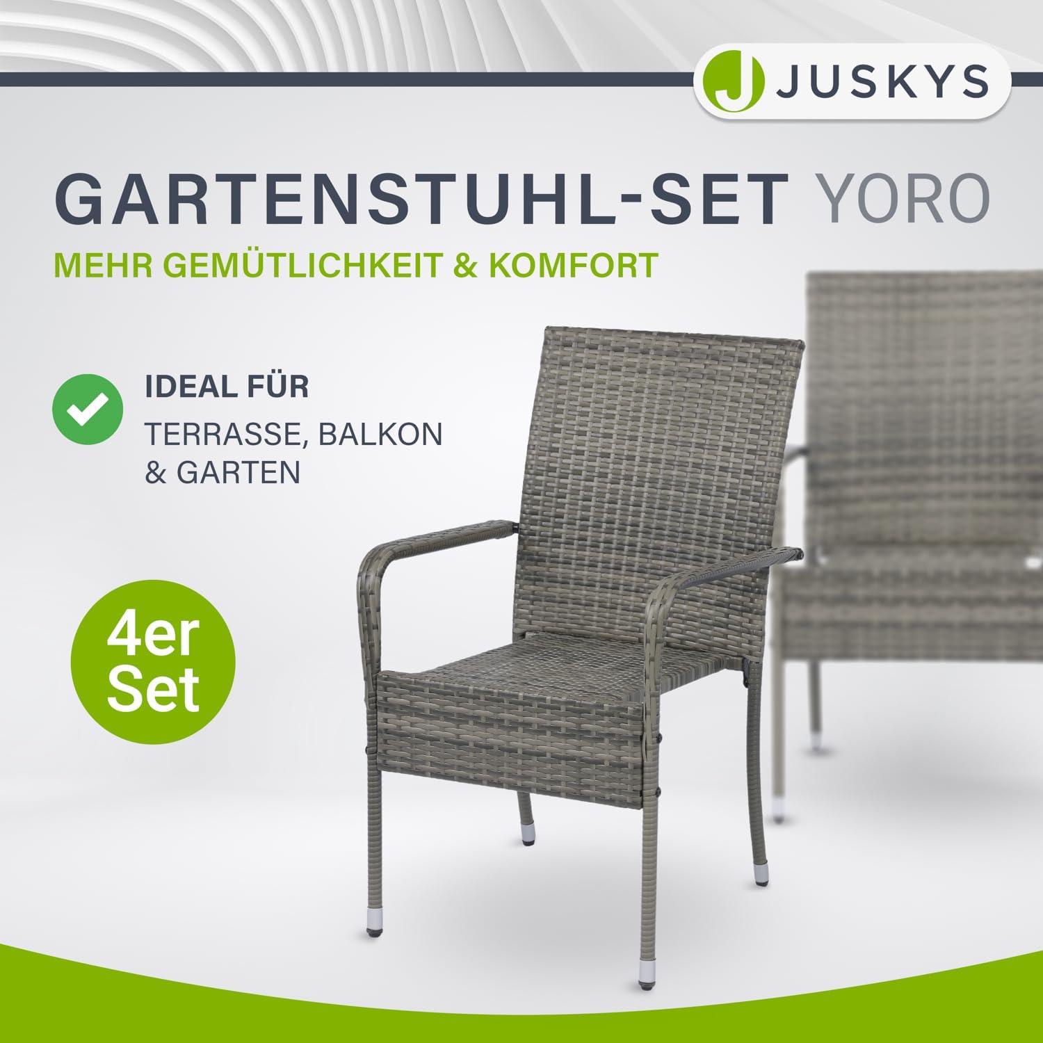 Juskys Polyrattan Gartenstühle Yoro 4er Set mit Armlehnen & Rückenlehne - 4 Stühle stapelbar - Rattan Stuhl Garten - Stapelstuhl Grau-meliert