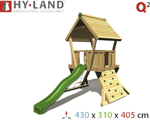 Hyland Project Q2 houten speeltoren met klimwand en groene glijbaan
