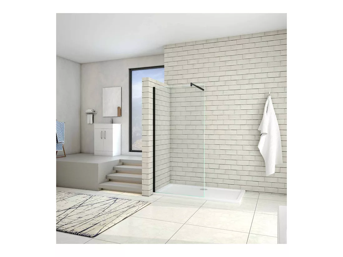 Paroi de douche à l'italienne 50x200cm en verre 8mm securit anticalcaire, avec barre de fixation 70-120cm en cylindrique - Noir Mat