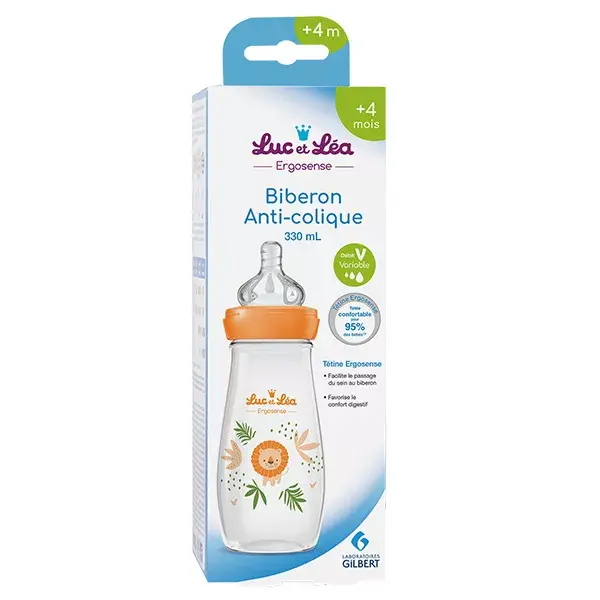 Mamadeira de plástico Luc and Léa com estampa de leão laranja, 330ml