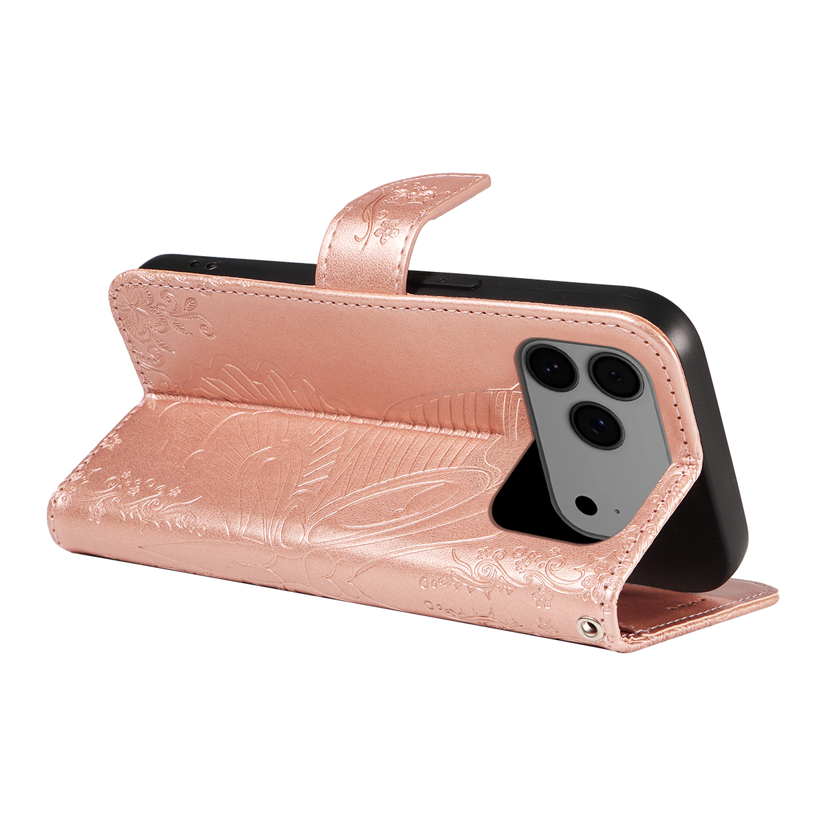 iPhone 17 Pro Max Leder Tasche Flip Cover Schmetterlinge Imprint - Roségold