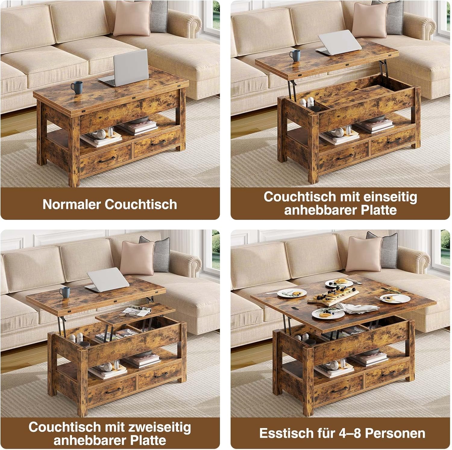 Rolanstar Couchtisch Höhenverstellbar, Wohnzimmertisch mit Schublade & verstecktem Fach, Kaffeetisch umwandelbar in Esstisch, 100 x 50 cm Sofatisch aus Holz