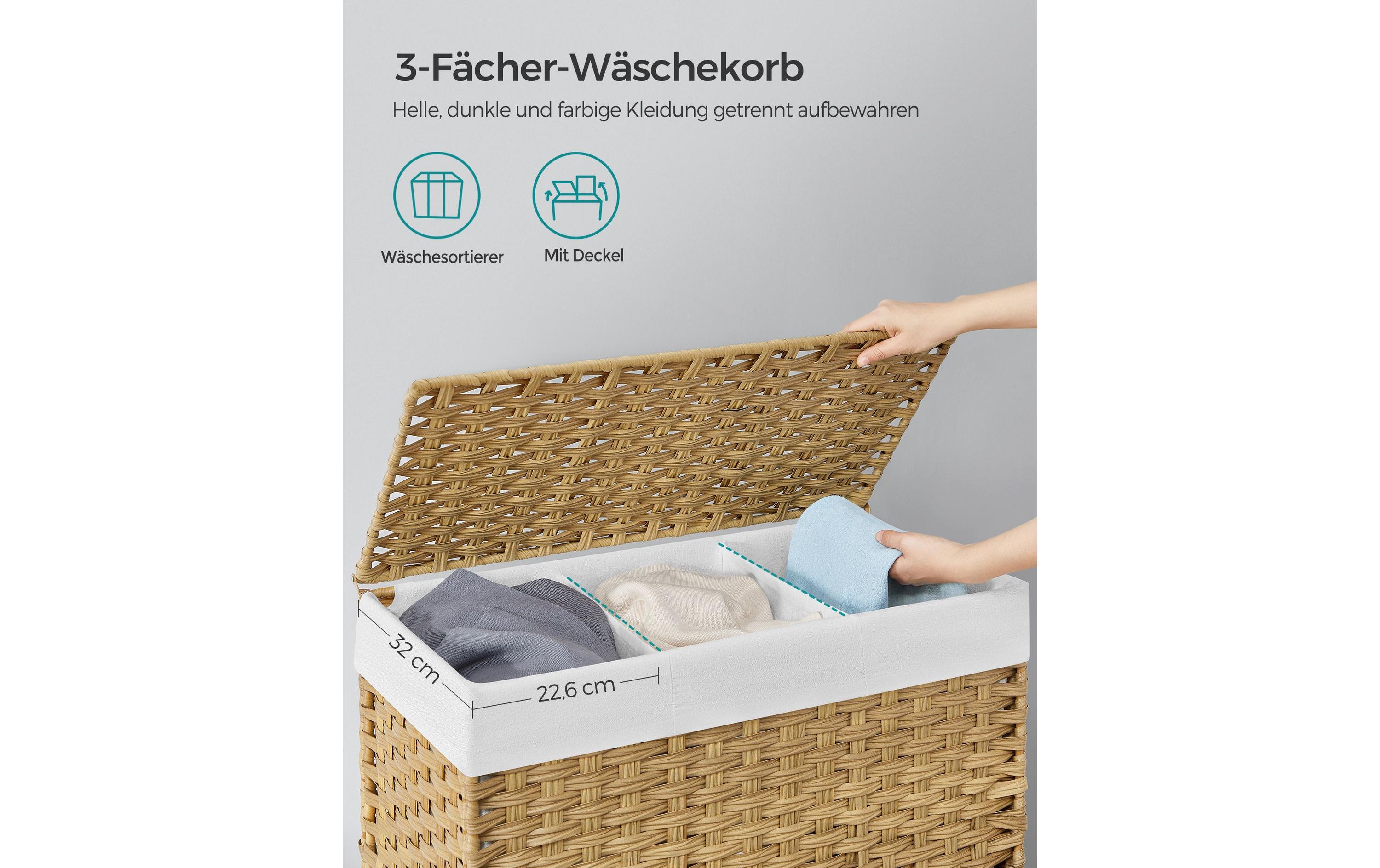 Wäschekorb 160 l, HellbraunWäschesammler mit drei Fächern