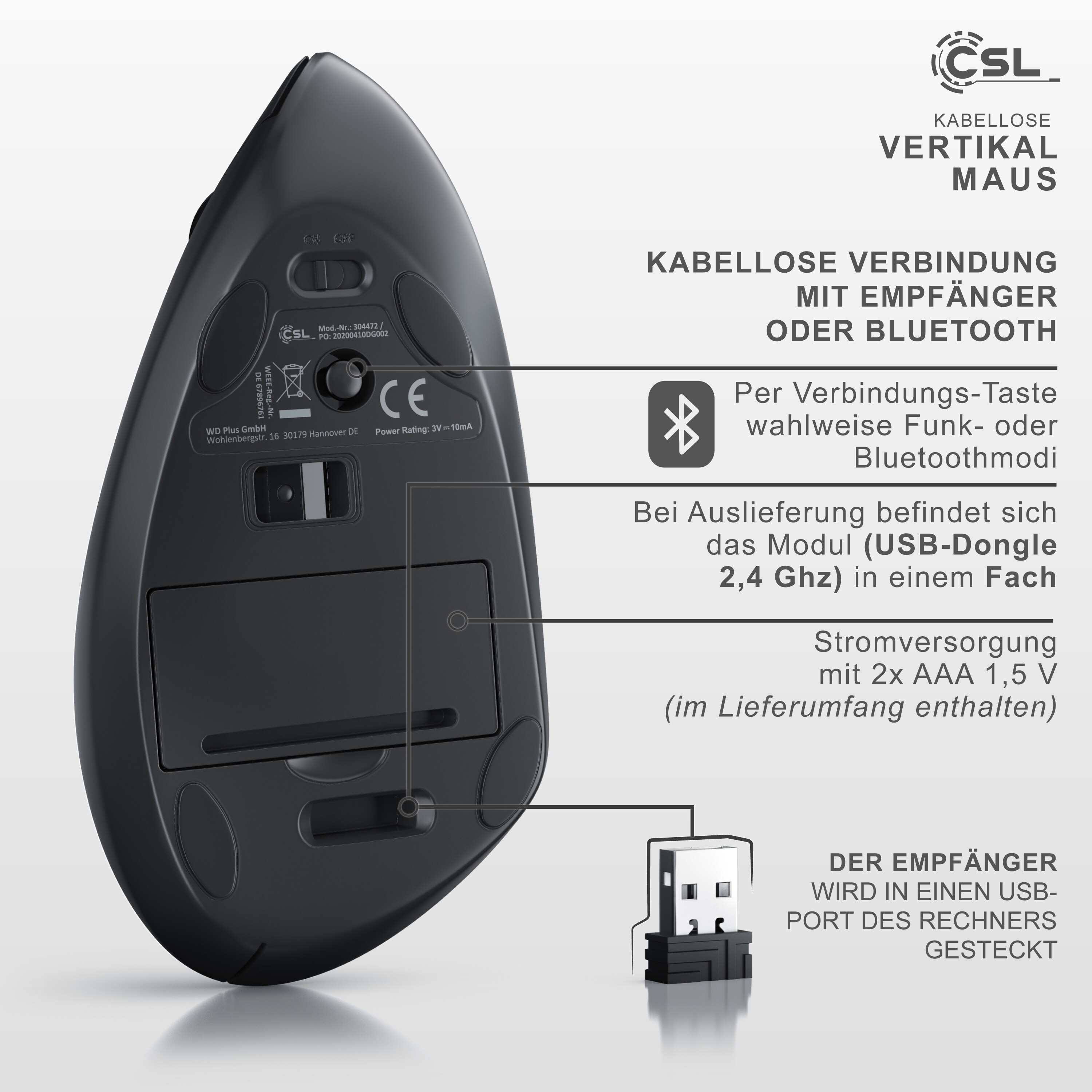 CSL Optische Wireless kabellos Funk Maus - Bluetooth + 2,4 Ghz Funk - vertikale Ausführung - ergonomisches Design - Vorbeugung gegen Mausarm Tennisarm