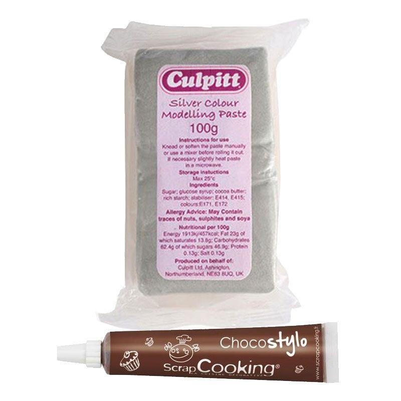 Pâte à sucre argentée 100 g + Stylo chocolat Youdoit