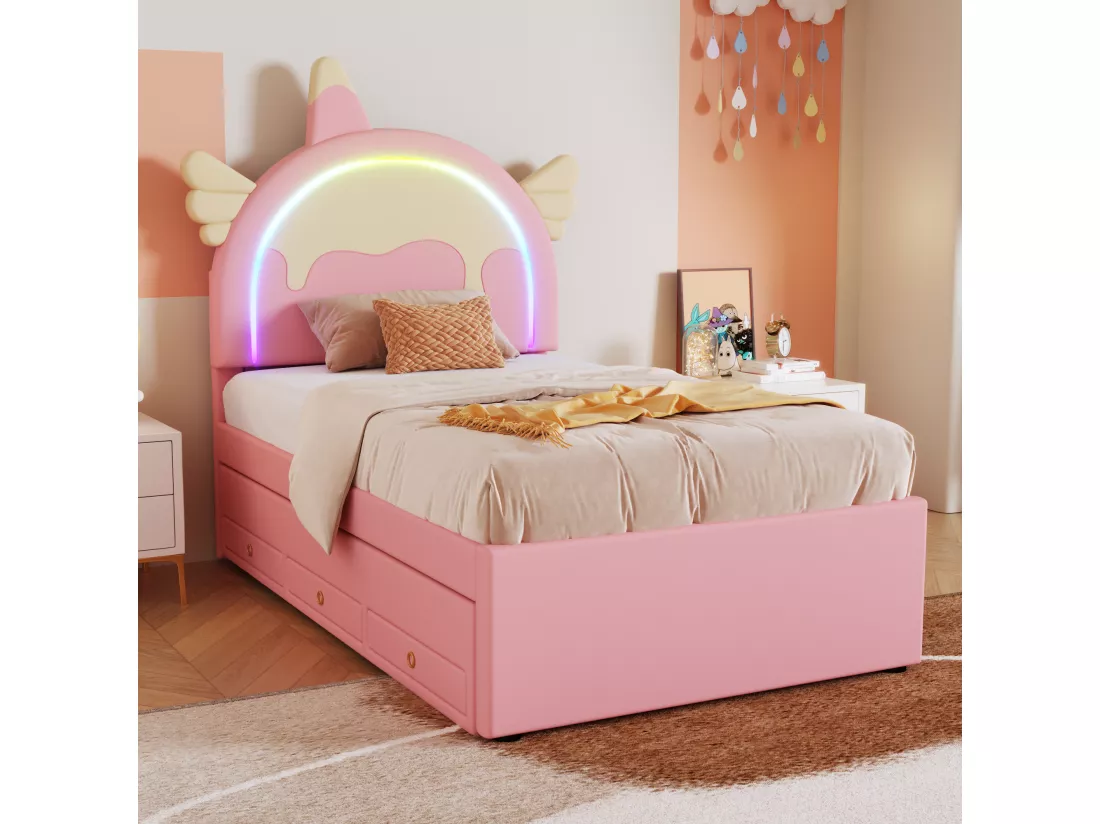 Lit gigogne 90 x 200 cm + 90 x 190 cm avec 3 tiroirs - Tête de lit en forme licorne - Similicuir - Rose