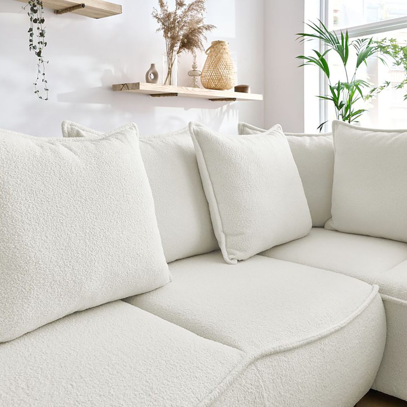 Bobochic Canapé d'angle L droit convertible bouclette Léon blanc - 257x90x194 cm