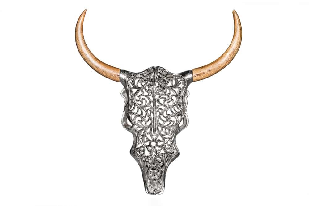 Extravagante Wanddekoration EXOTIC BULL 60cm silber Mangoholz Stierkopf