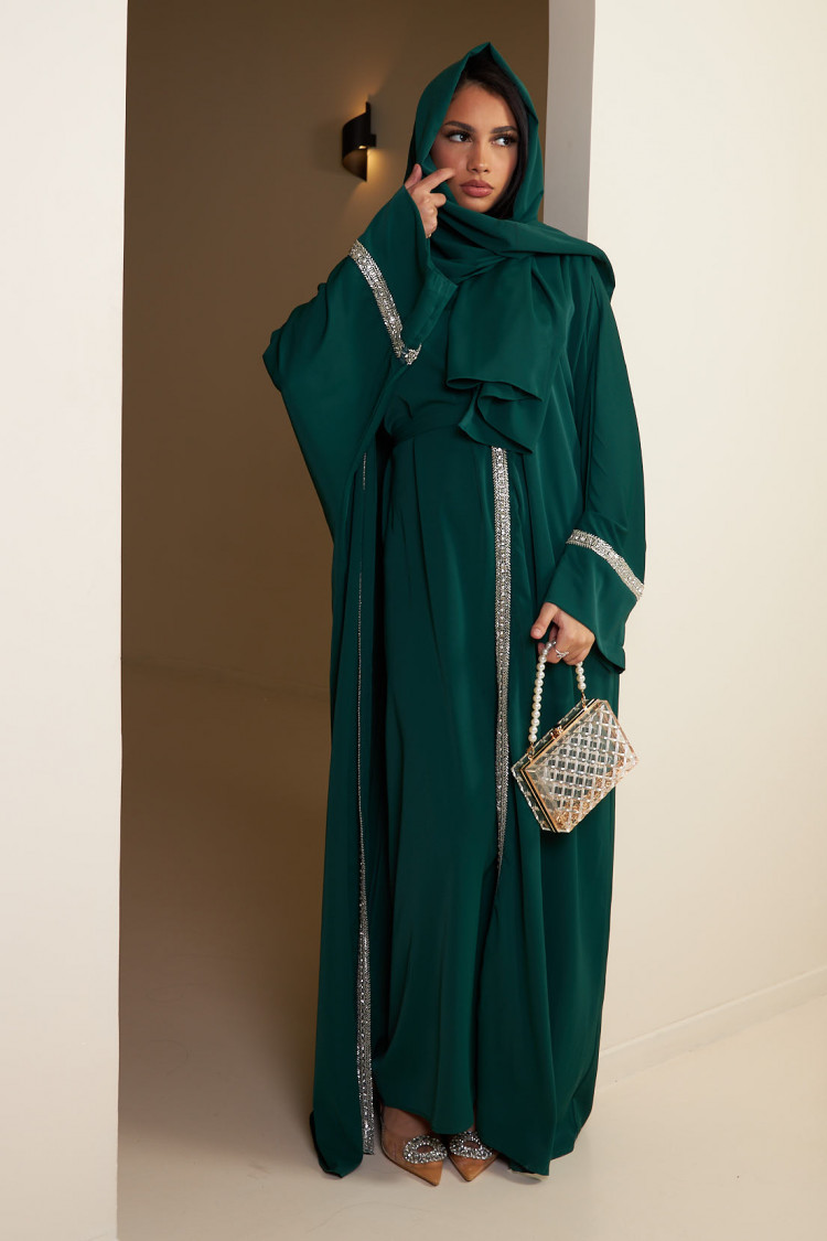 Ensemble 3 pièces abaya + gilet + voile à perles vert foncé