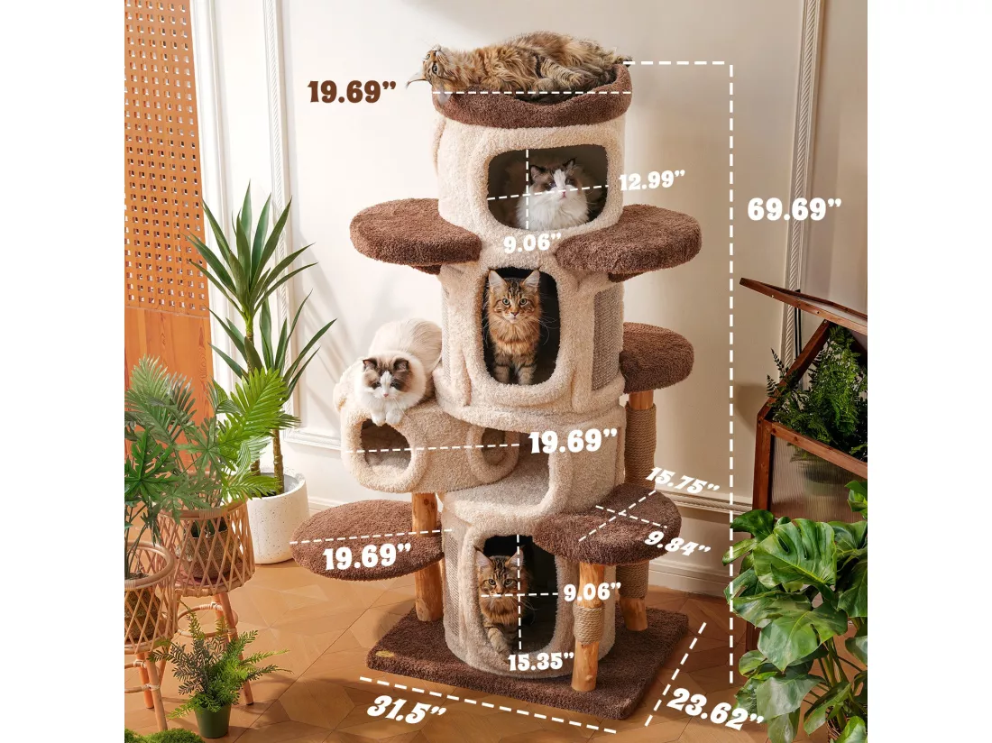 Arbre à chat en bois massif, d80cm×h176cm, beige