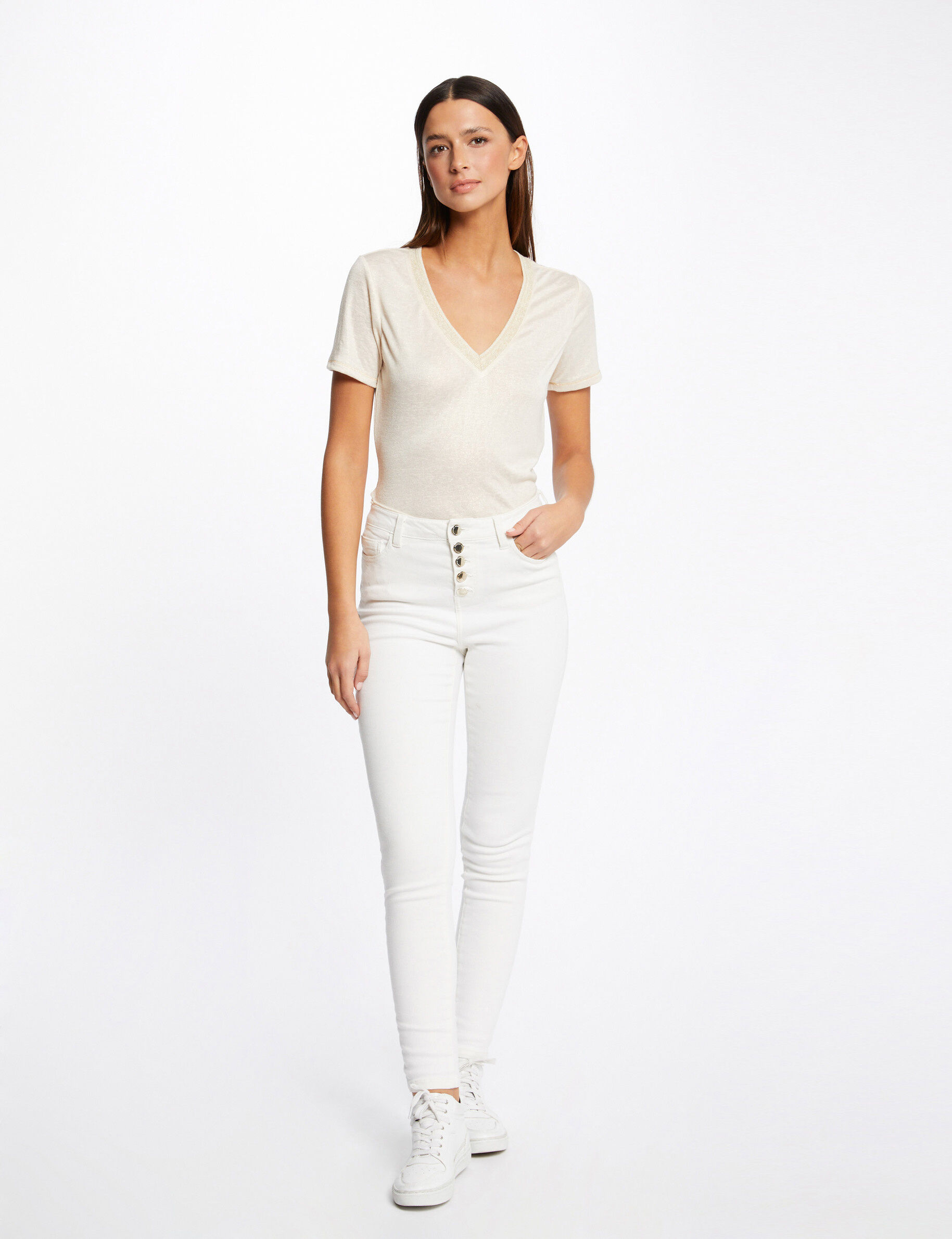 T-shirt manches courtes col en V ivoire femme - ivoire