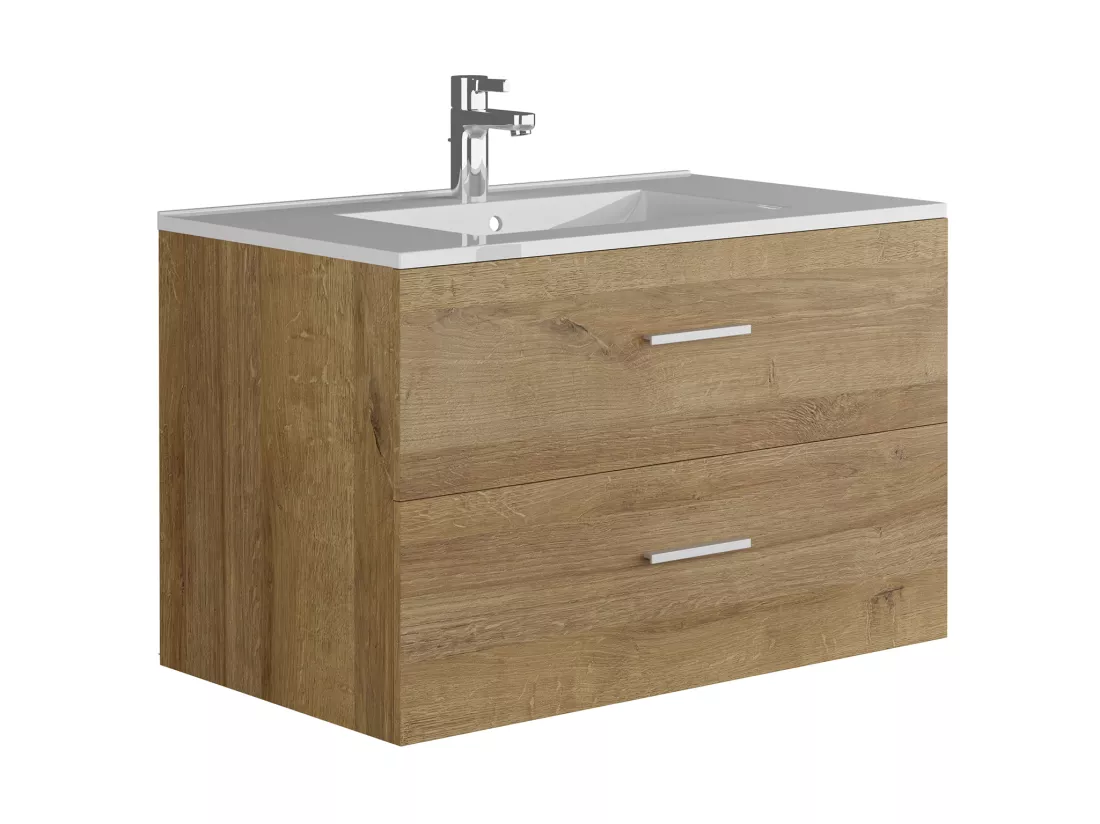 Meuble de salle de bain suspendu simple vasque avec colonne de rangement - Coloris naturel clair - 80 cm - KAYLA