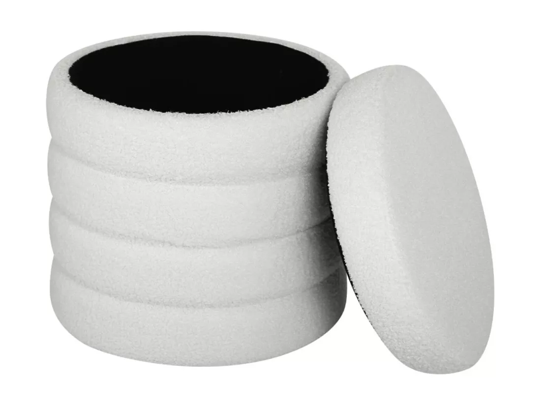 Tabouret en bouclettes blanches avec coffre de rangement intégré