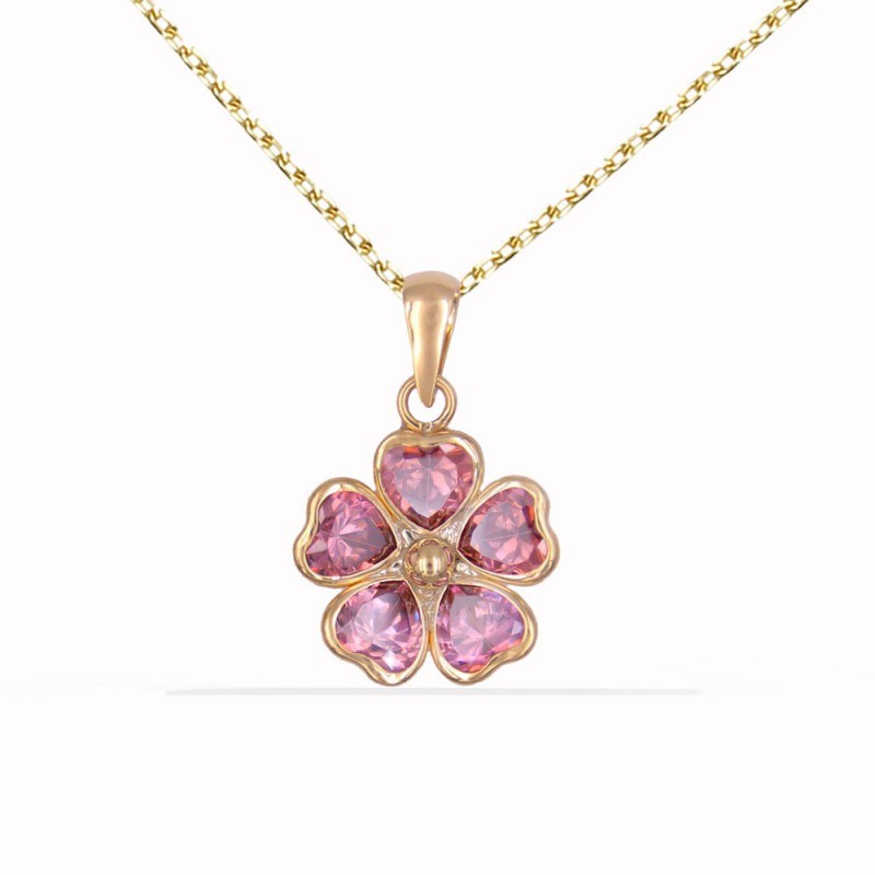 Collier - Pendentif Or Jaune et Zirconiums - Motif Fleur - Chaine Dorée