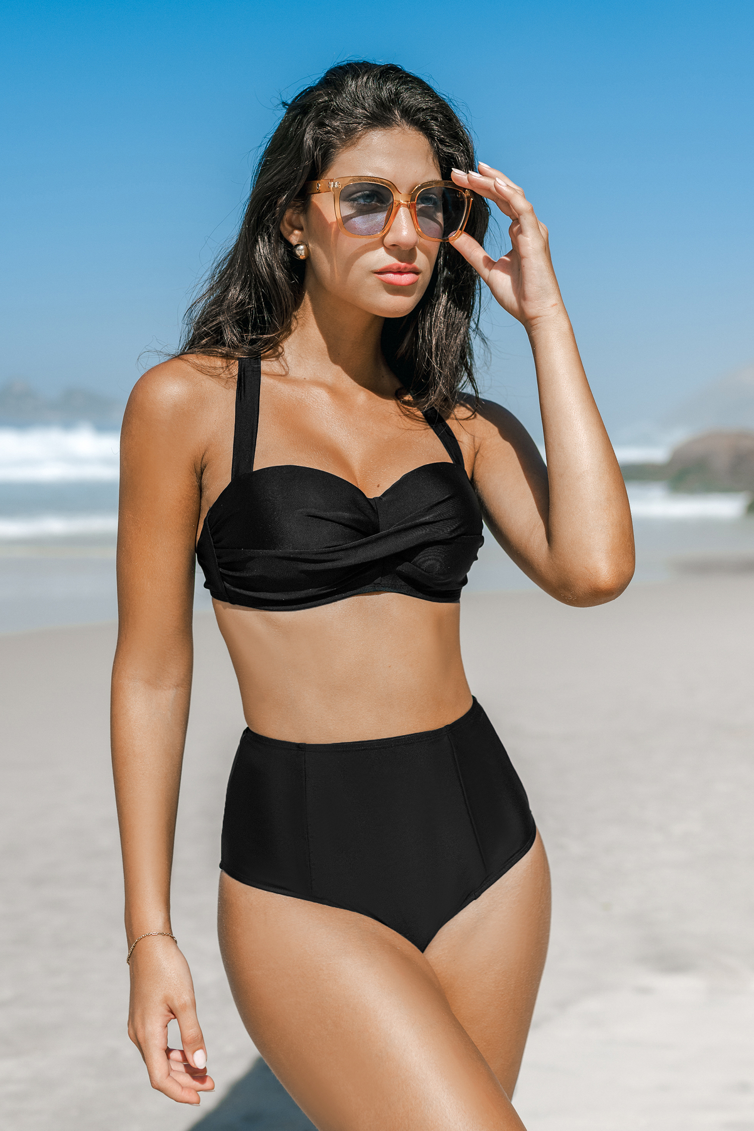 Bas de bikini taille haute à couverture complète rétro noir