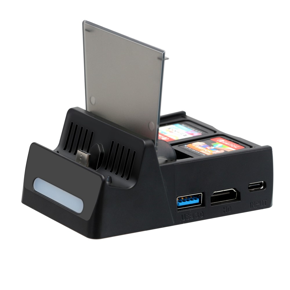 Ladegerät Dockingstation Charging Dock für Nintendo Switch mit Spiele Aufbewahrungsfach und HDMI / USB C / 3x USB - Schwarz