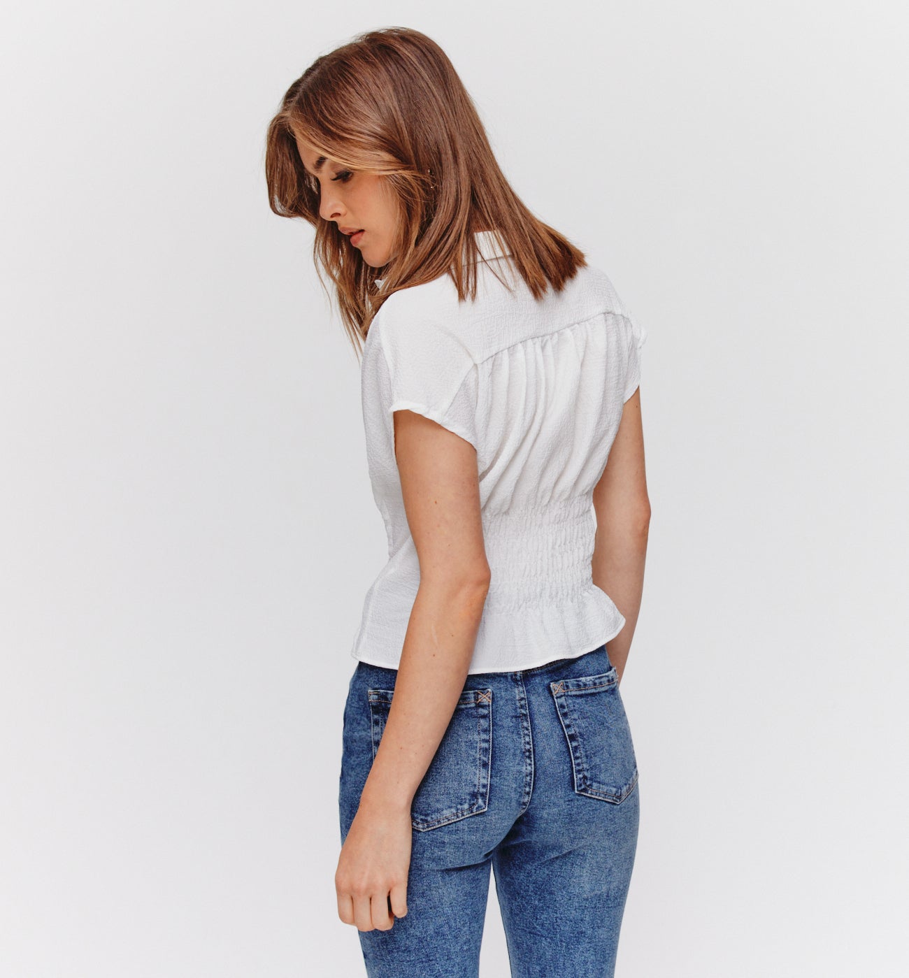 Chemise crêpée smockée Femme - Ecru