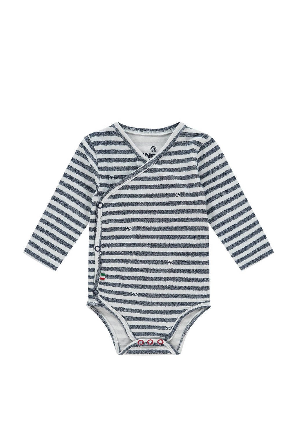 Vingino baby gestreepte romper Perry met overslag donkerblauw/wit
