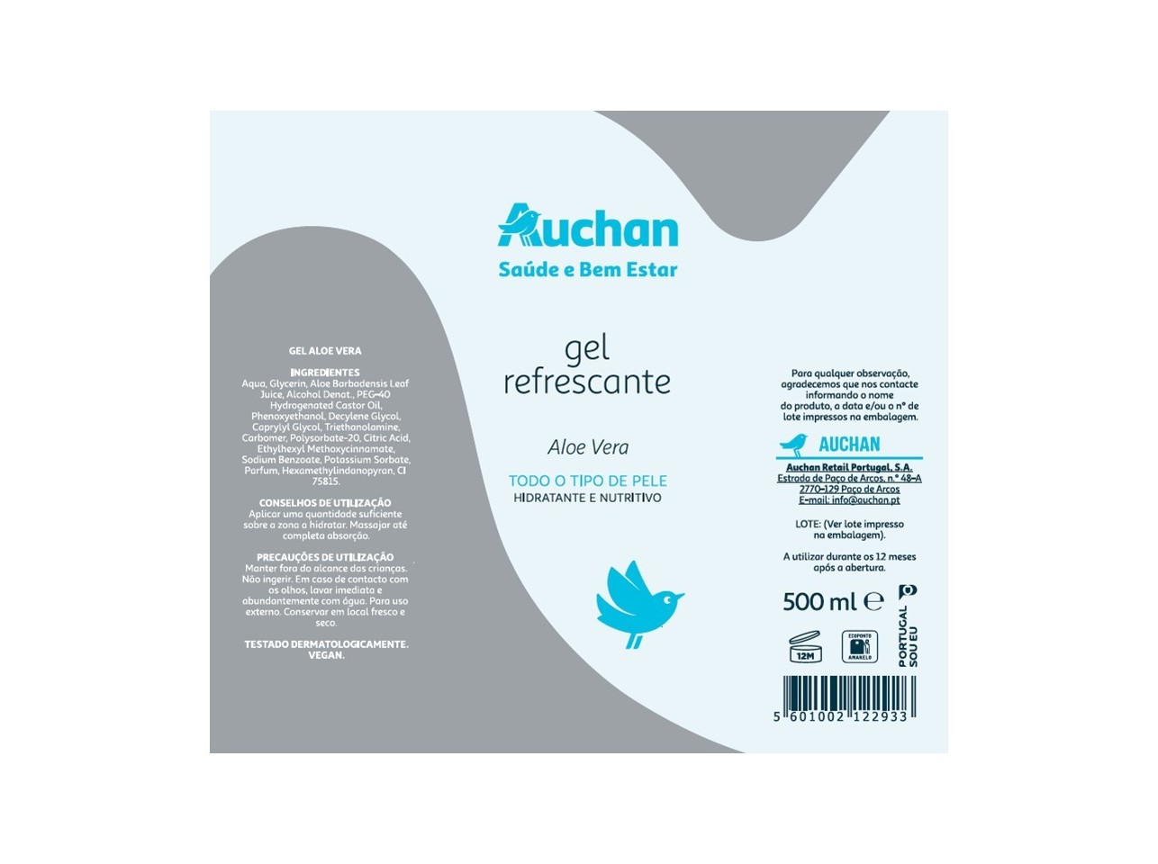 GEL REFRESCANTE AUCHAN SAÚDE E BEM ESTAR ALOE VERA 500ML