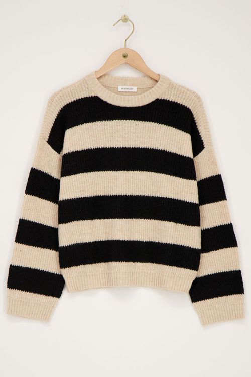 Zwarte trui met beige strepen