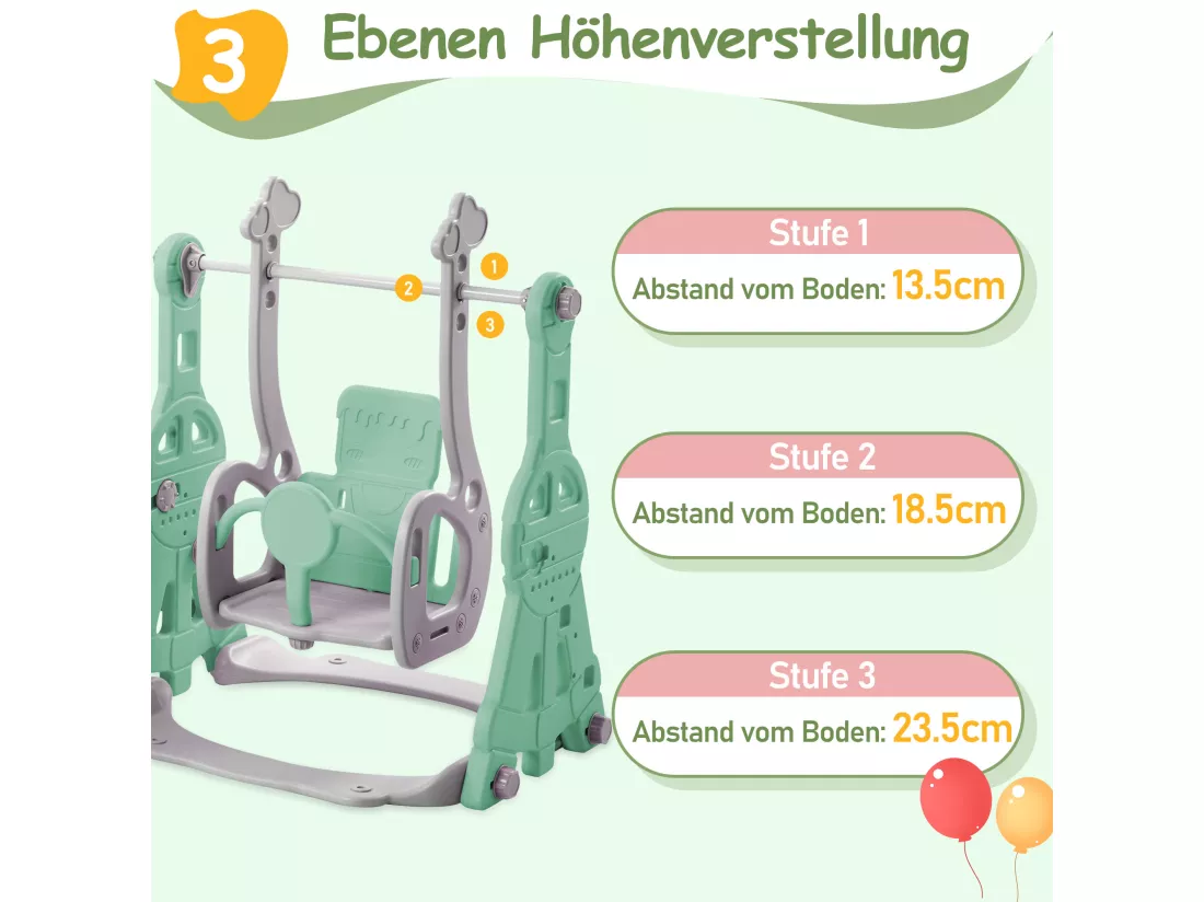 Toboggan 4 en 1 avec balançoire et support de basket-ball pour enfants, échelle d'escalade, pour intérieure et extérieure, vert