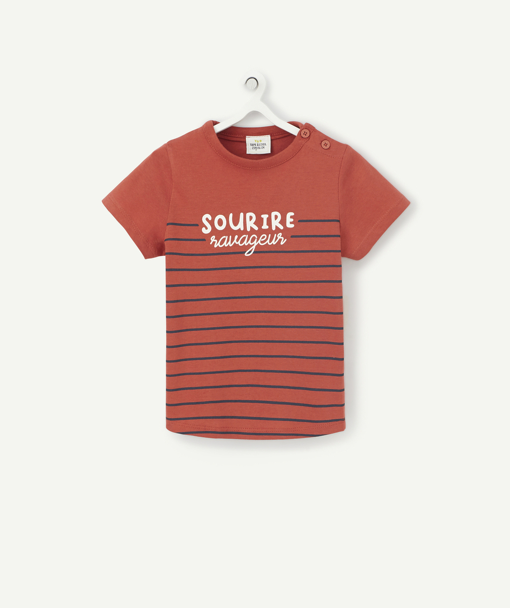 T-SHIRT ROUGE BÉBÉ GARÇON RAYÉ EN COTON BIO AVEC MESSAGE