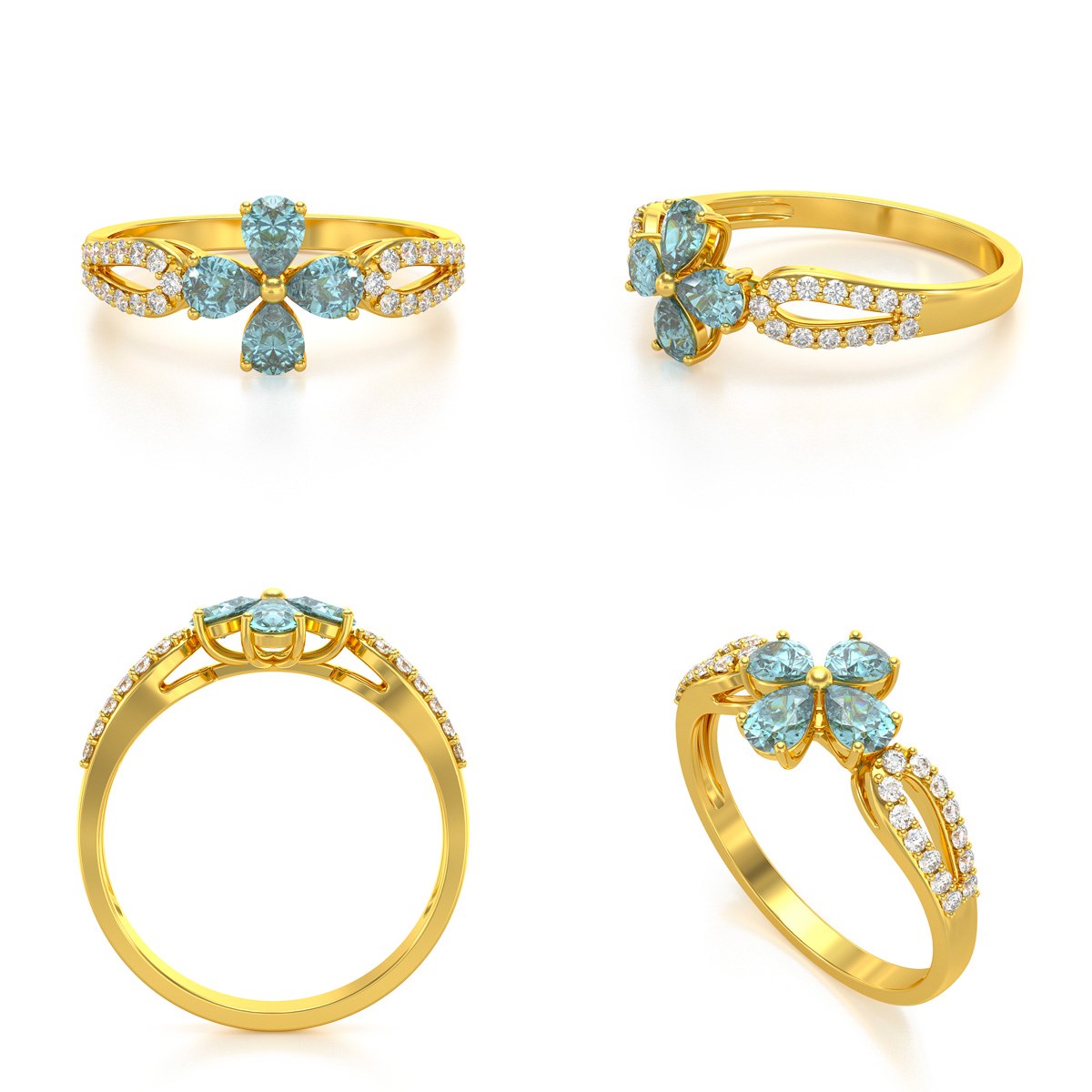 Bague ADEN Or 585 Jaune Fleur Aigue-Marine et diamants 1.95grs