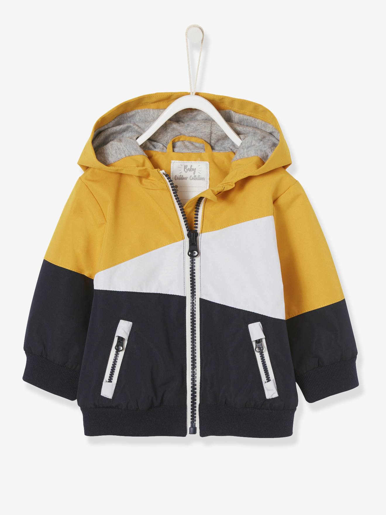 Jaqueta corta-vento com capuz tricolor para bebê menino, lisa, tamanho médio, amarela com estampa.