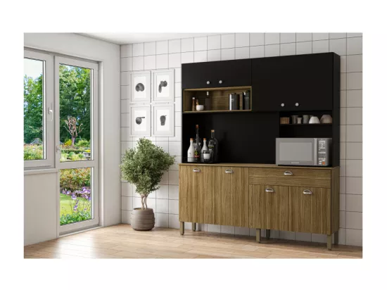 Buffet de Cuisine 8 Portes 1 Tiroir 10 NIches Chêne et Noir L 182.8 H 205 P 39.3 cm