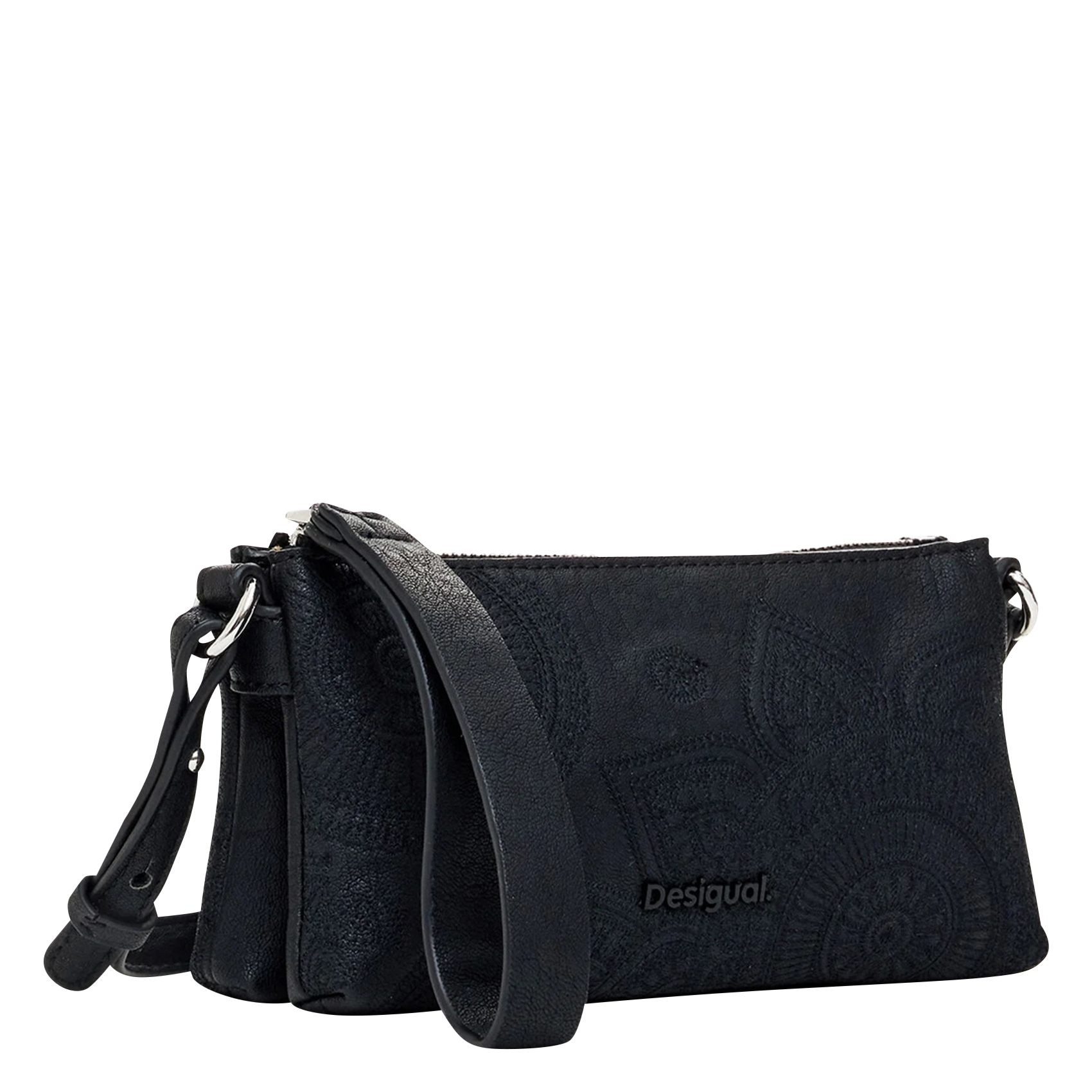 Sac bandoulière brodé effet cuir | Noir