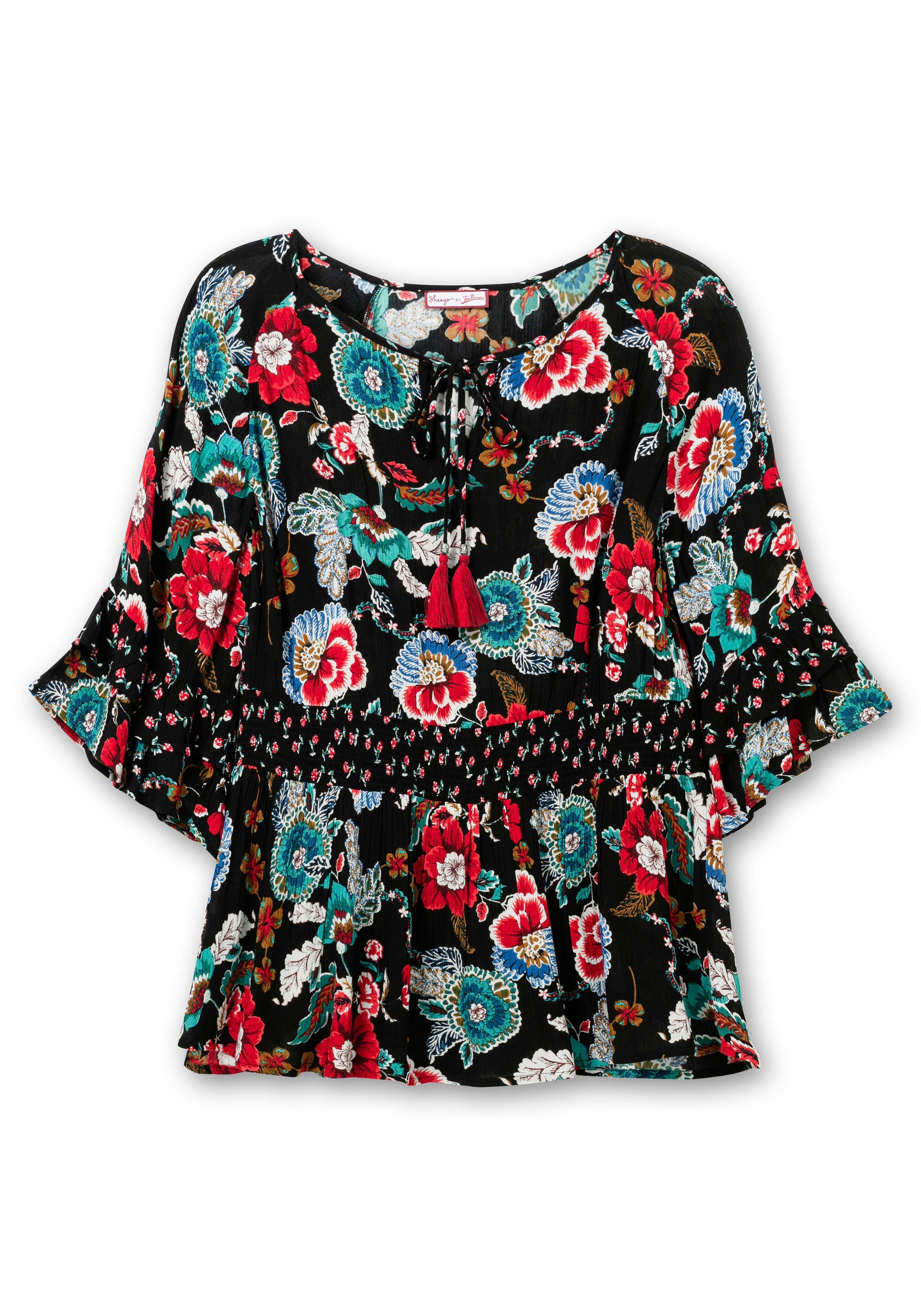 Tunika mit Cut-outs, Smokbund und Blumenprint