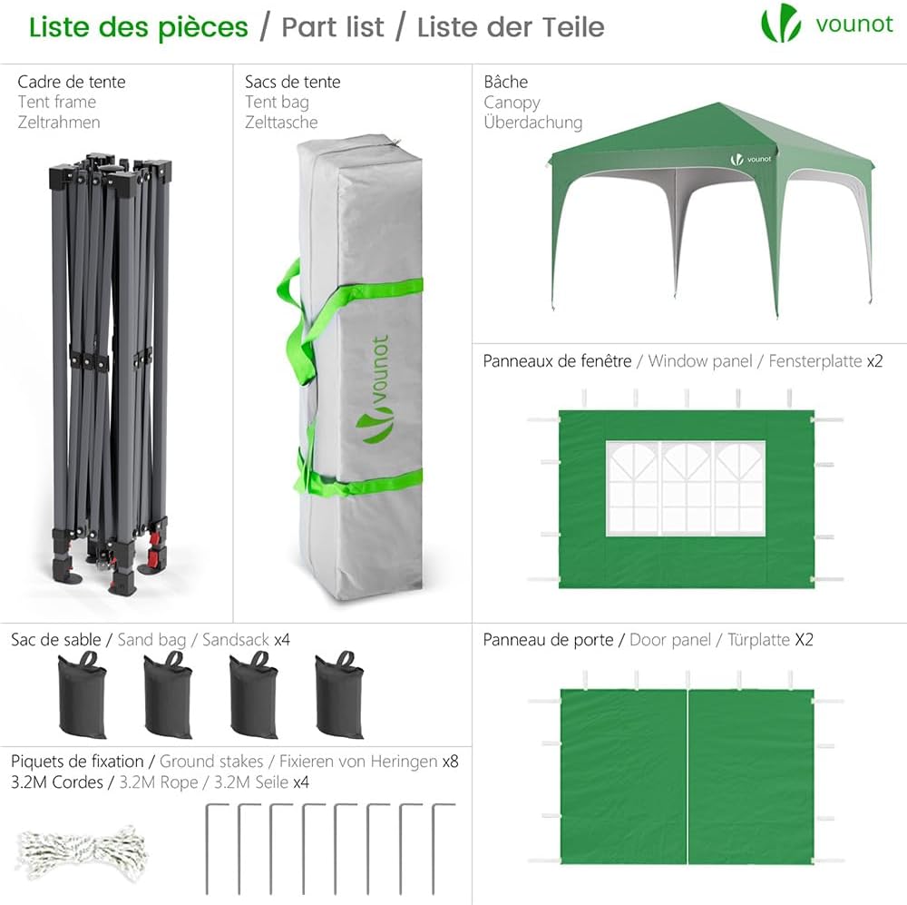 VOUNOT® Pavillon 3x3m mit 4 Seitenteilen & 4 Sandsäcke, Pop Up Faltpavillon, Wasserdicht, Faltbar Gartenzelt Partyzelt, inkl. Tasche, Grün