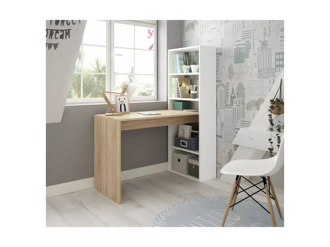 Bureau d'angles + 5 niches Blanc/Chêne - POLUX - L 120 x l 53 x H 144 cm
