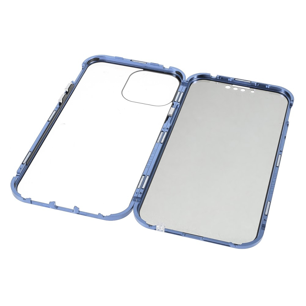 iPhone 13 Pro Magnetische Alu Schutzhülle mit Panzer Glas Backcover   Privacy Glas Displayschutz (Magnet-Technologie) - Blau