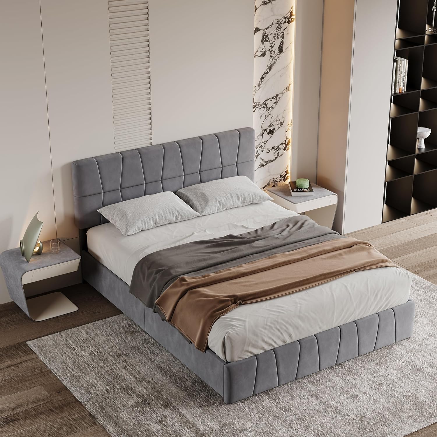 Bett mit Stauraum 160x200 cm mit 4 Schubladen, Polsterbett Doppelbett mit Verstellbares Kopfteil, Jugendbett mit Stauraum und Lattenrost, Funktionsbett Bettgestell, Samt (Grau-Samt, 160x200cm)