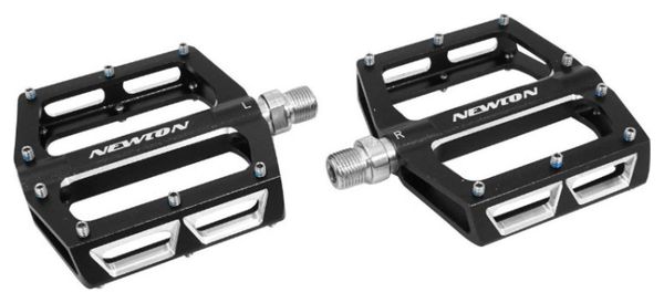PEDALE VTT DESCENTE - BMX NEWTON NOIR A ROULEMENTS ALU CNC FILETAGE 9-16 AVEC PICOTS ARGENT (PAIRE) 108x98mm