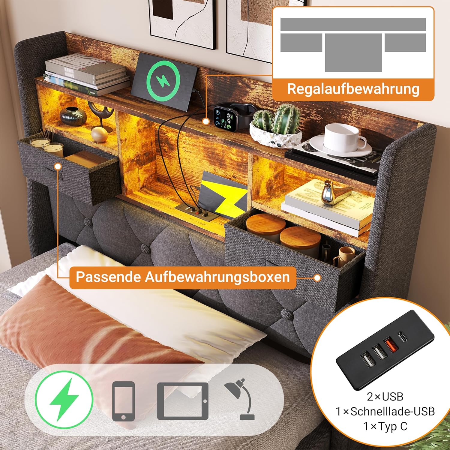 Boxspringbett 90x200 mit LED, Polsterbett Hydraulisch Einzelbett mit Stauraum und 3 USB und 1 Typ C-Port, Bettkopfteil mit Seitentaschen, Grau Leinen, ohne Matratze