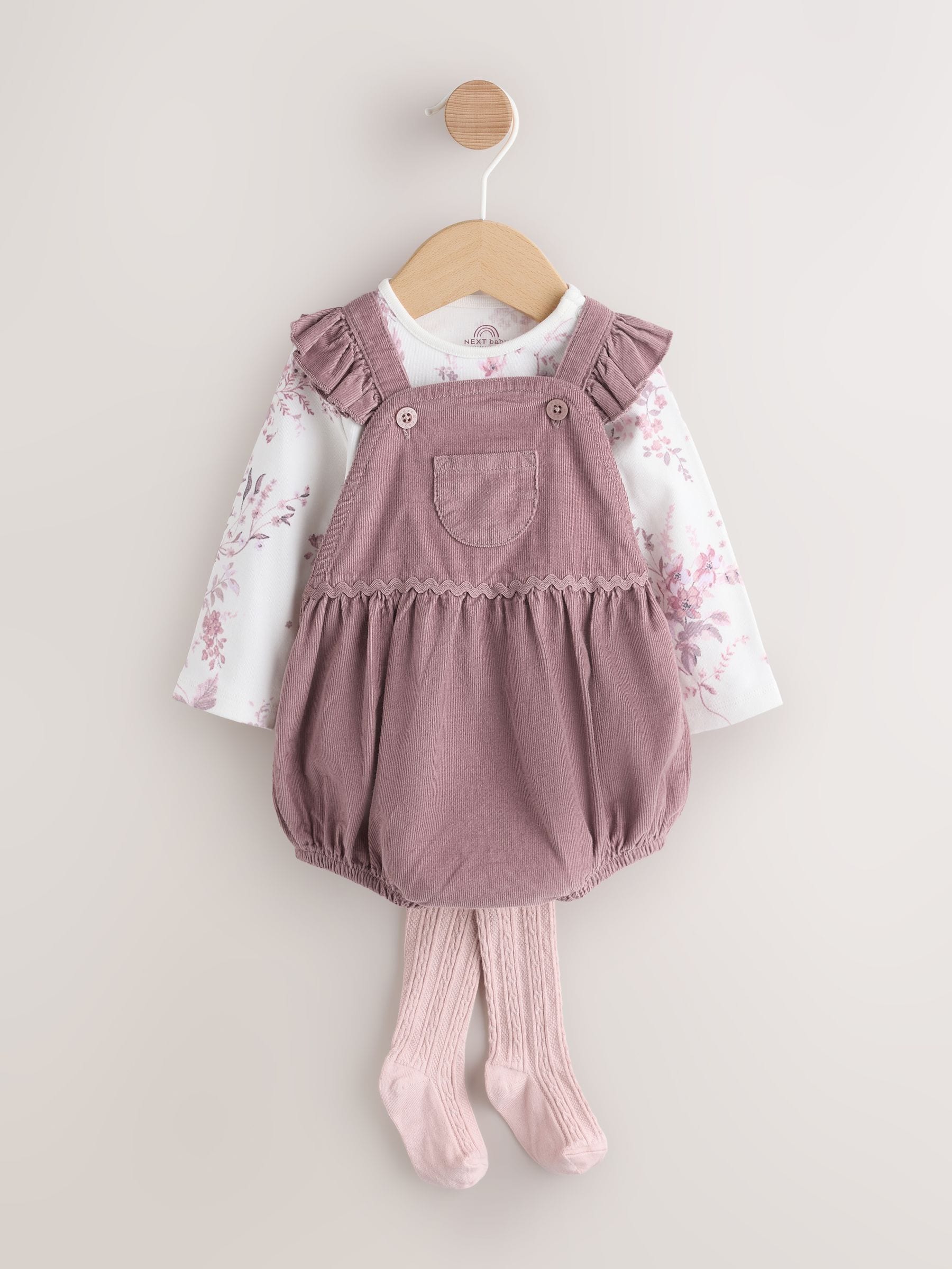 Paars/wit - Corduroy Baby Rompertje en Bodysuit met Lange mouwen en Panty's 3 -delige Set (0mnd -2jr)