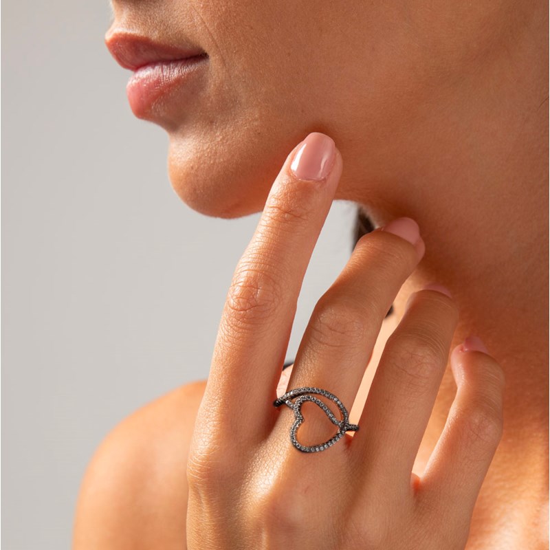 Bague Argent Coeur Enlacé Noire