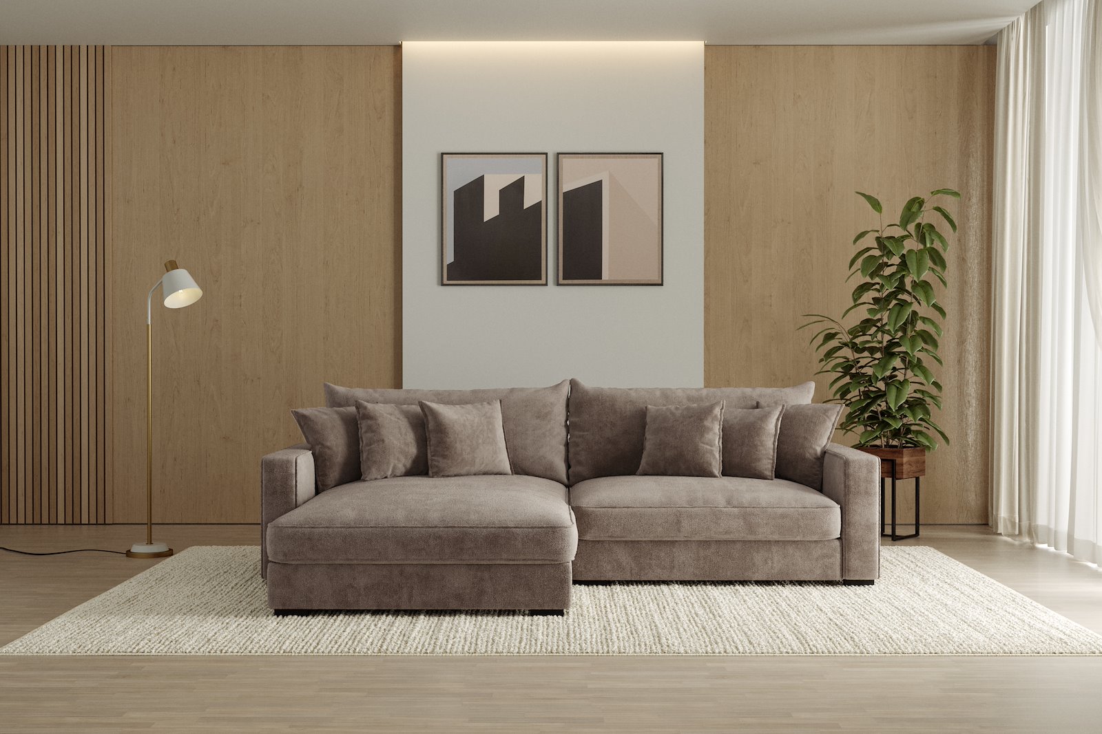 Rossi Lux 2-seter med XL sjeselong venstre Tekstil Genesis 6 Mink, arm B med sorte ben. Lux Komfort.