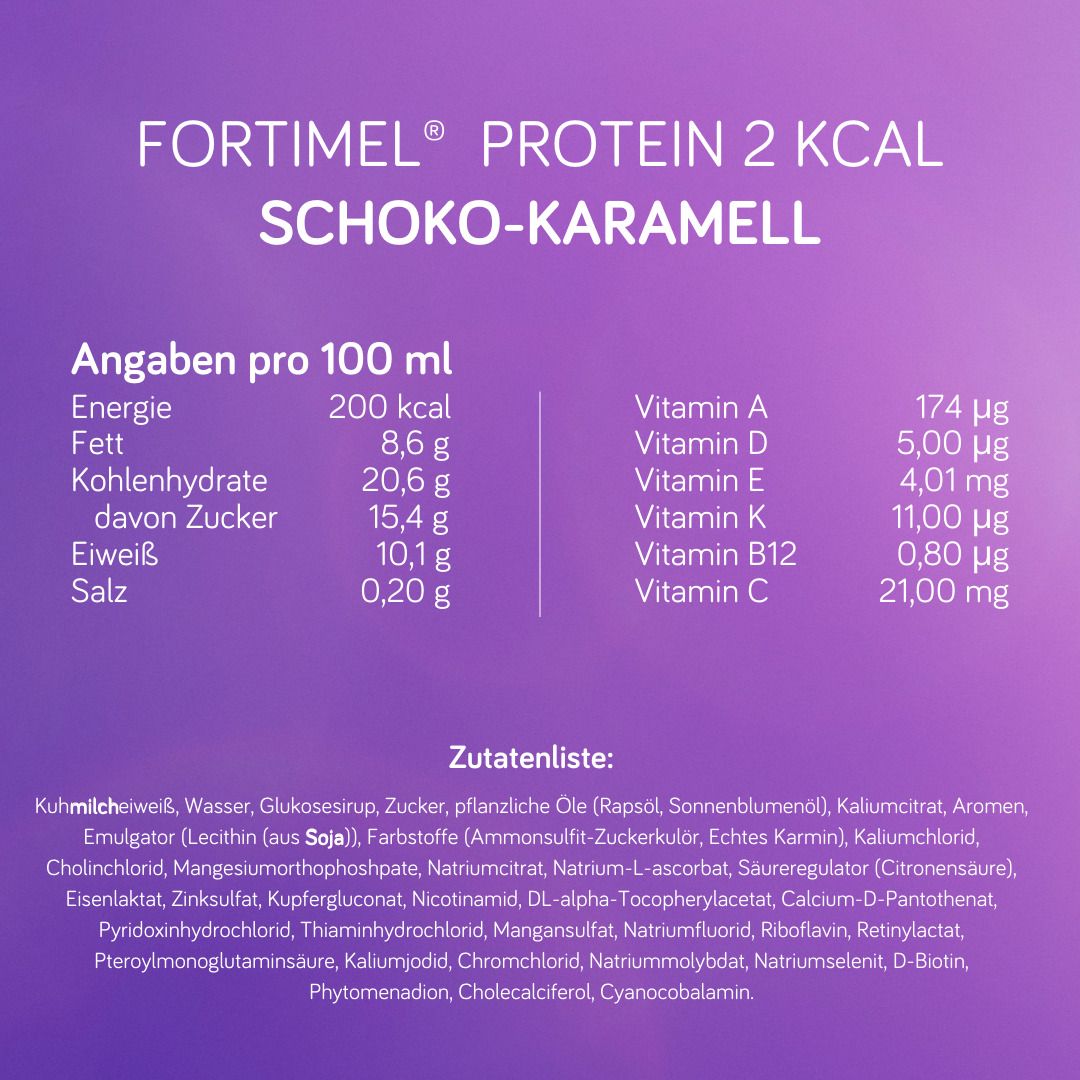 Fortimel® Protein 2 kcal Schokolade-Karamell, die eiweißreiche und hochkalorische Trinknahrung, die zudem ballaststoff- & glutenfrei, und laktosearm ist