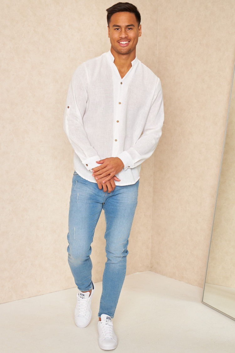 Chemise fluide col V mao texture lin blanc