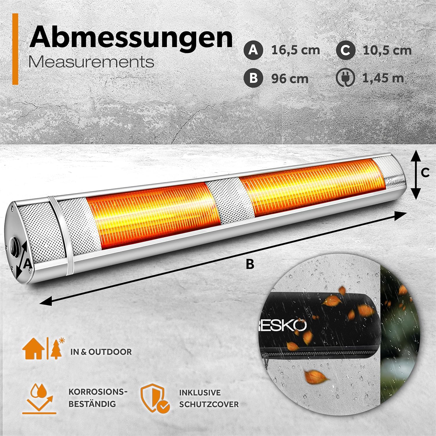 TRESKO Infrarot Heizstrahler 3000W mit Fernbedienung | Wärmestrahler Terrasse elektrisch mit 3 Heizstufen | Terrassenstrahler Innen & Außen | Wand- Infrarotstrahler Wickeltischstrahler