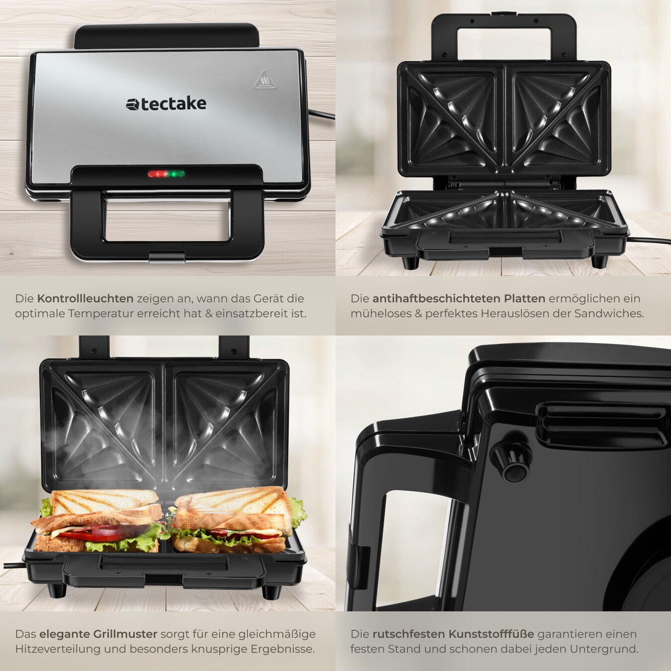 tectake® Sandwichmaker, hitzebeständiges Aluminium-Gehäuse, 1000 W, automatische Temperaturregelung, rutschfeste Füße, 29 x 24,5 x 10 cm