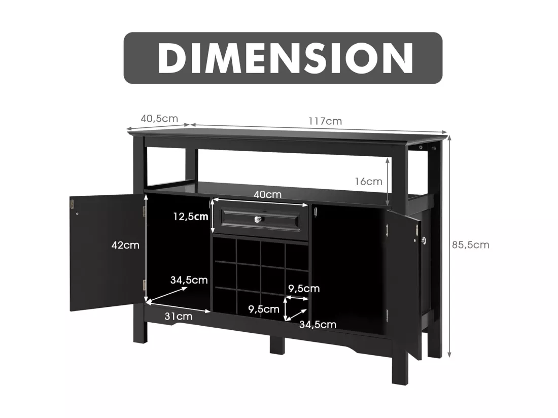Buffet Cuisine avec Casier à Vin Amovible pour 12 Bouteilles, 2 Etagèress, 1 Tiroir, 2 Placards, Armoire de Cuisine Porte-Bouteille pour Salle à Manger, Salon, 117x40,5x82,5cm (Noir)