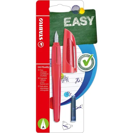 Schulfüller mit Anfänger-Feder A - STABILO EASYbuddy in koralle/rot - Schreibfarbe blau (löschbar) - Einzelstift - inklusive Patrone