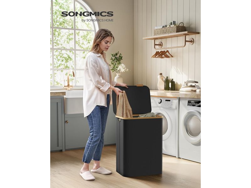 Songmics Wäschekörbe 65 l, Schwarz Wäschesammler mit zwei Fächern